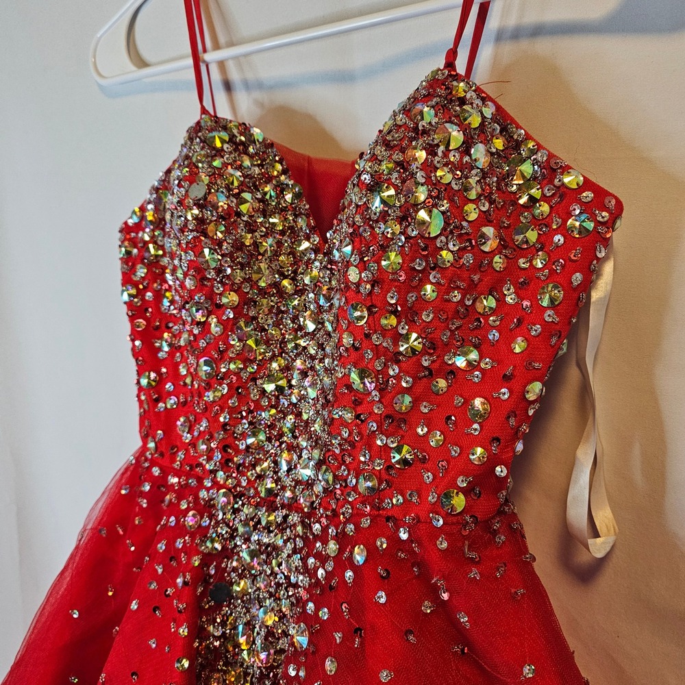 Terani Couture Rhinestone Tulle Cocktail Dress Womens Red Homecoming Prom Glam 0 - Picture 3 of 13